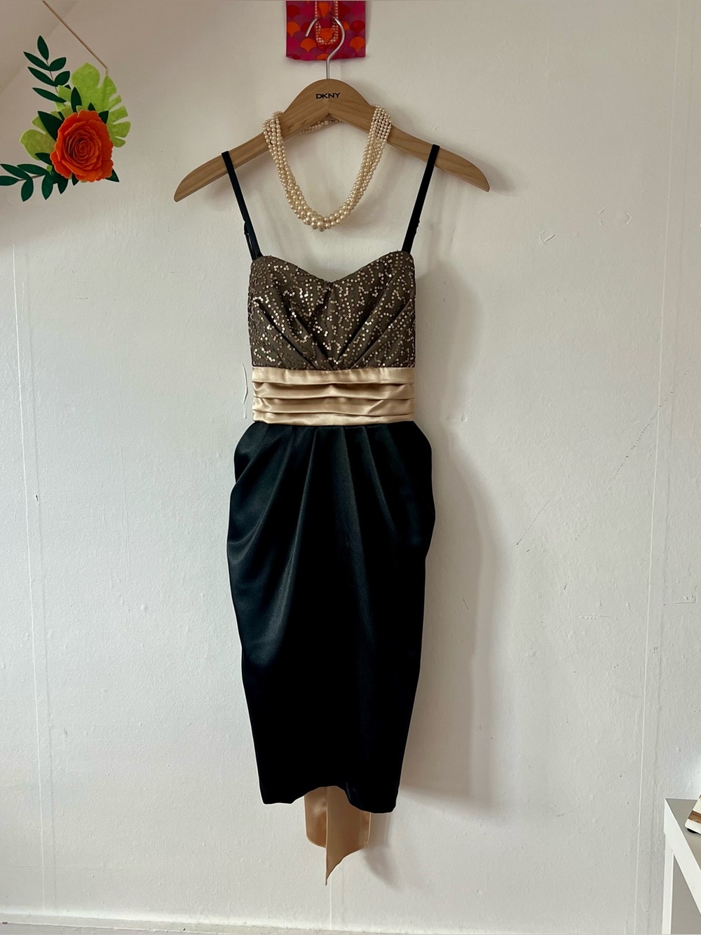 Iz Byer Black and Gold Sequin Bodice Cocktail Dress